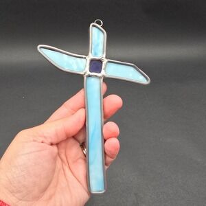Stained Glass Wall Hanging Cross Light Blue Marbled Purple Center Suncatcher Art